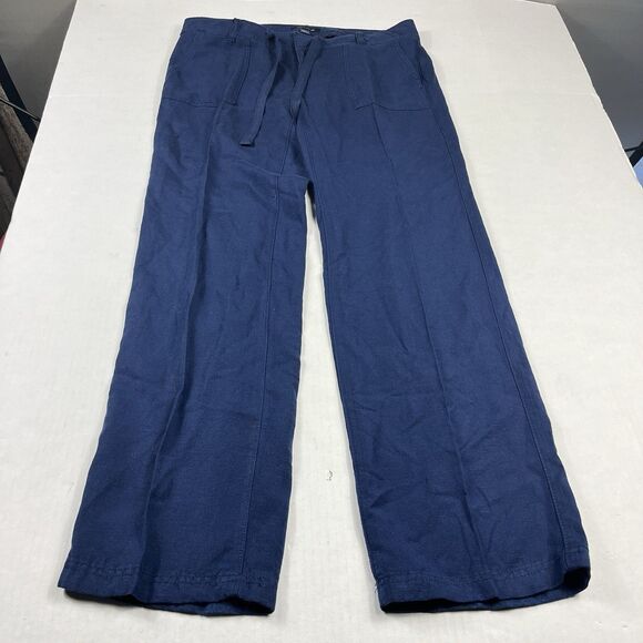 Tommy Hilfiger Navy Linen Blend Straight Leg Pants Size 4 Tie Coastal Casual - Picture 1 of 12
